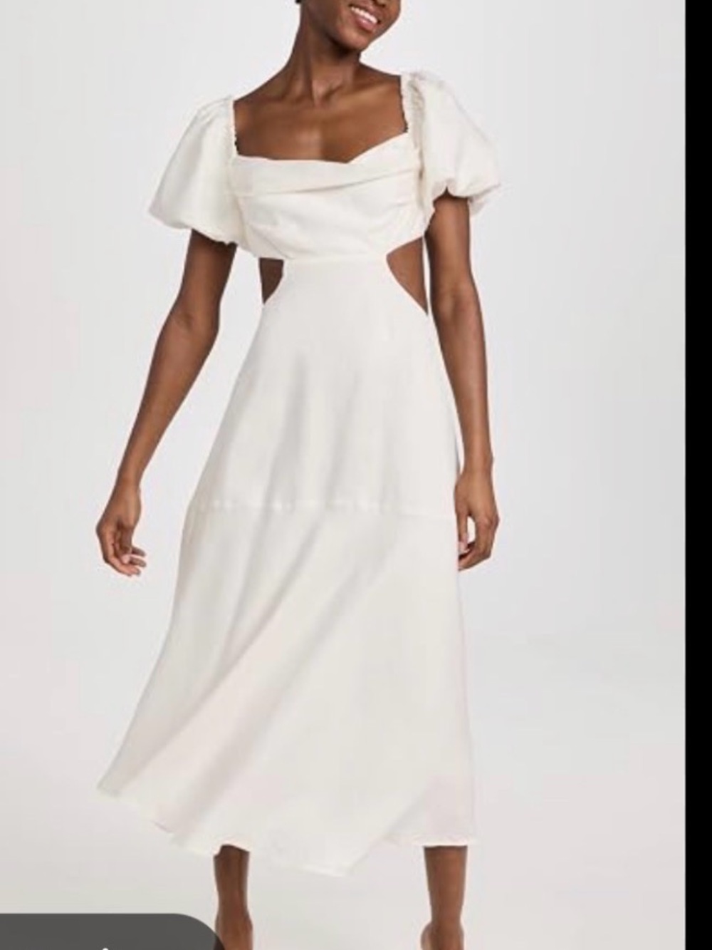 Astr Cream Puff-Sleeve Cutout Midi Dress